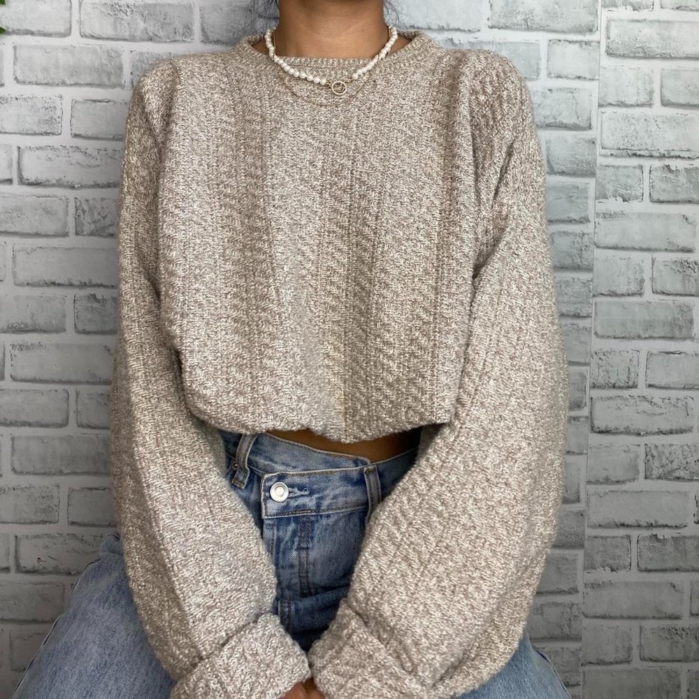 Vintage 80s Beige Knit Grandpa Sweater